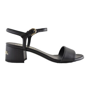 Chanel 24C Black Lambskin Leather Gold Logo Ankle Strap Block Heel Sandal 38